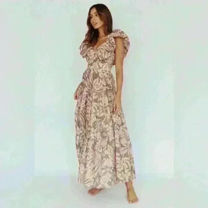 KAHLO PUFFED RUFFLE NECKLINE MAXI DRESS PRINT BEIGE new no tags size M